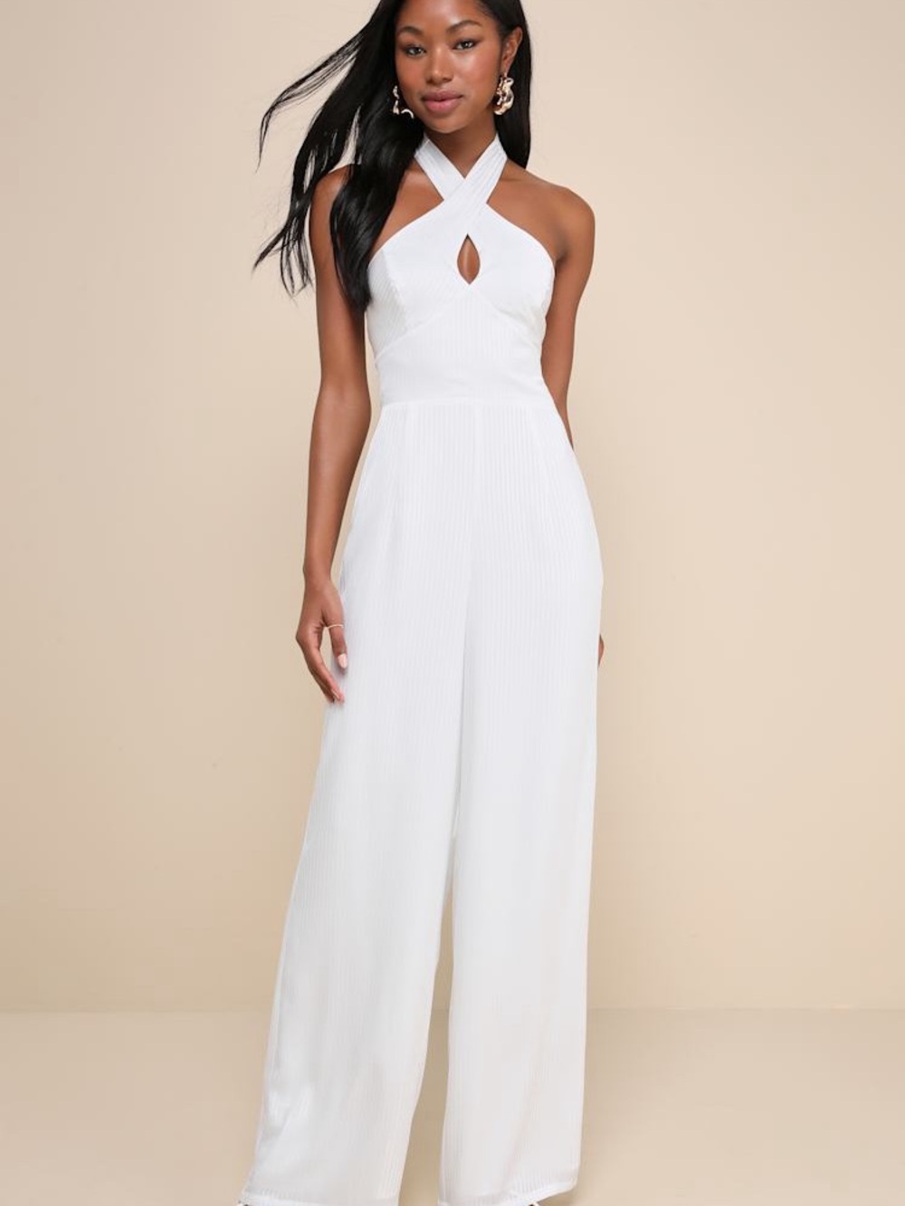 NWT NEW LULU’S Constantly Copied White Satin Cross-Front Halter Jumpsuit XS